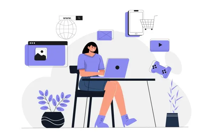 Smart Innovative Technology Girl at Desk with Laptop Flat Character Illustration